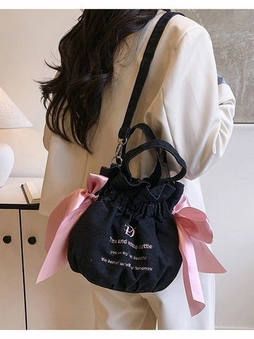 Borsa a Secchiello in Denim alla Moda Donna Fiocco in Raso Rosa Coulisse Borsa a Tracolla Coreana Dolce Borsa a Mano Ricamata