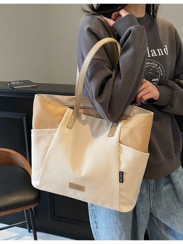 Grote Capaciteit Canvas Patchwork Tote Tas Voor Vrouwen Minimalistische Forens Schoudertas Met PU-Lederen Handvat Mode Handtas