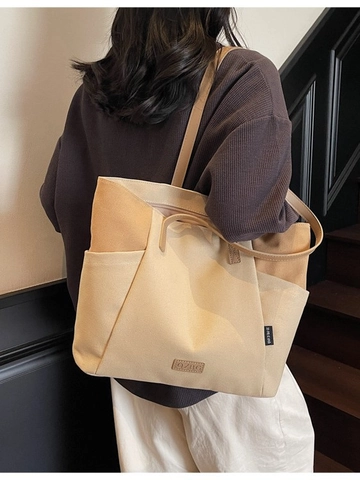 Grote Capaciteit Canvas Patchwork Tote Tas Voor Vrouwen Minimalistische Forens Schoudertas Met PU-Lederen Handvat Mode Handtas