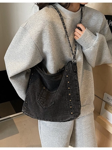 Women Denim Tote Bag Washed Jeans Fabric Rivet Decor Large Capacity Commuter Shoulder Bag Chain Strap Casual Retro Hobo Handbag