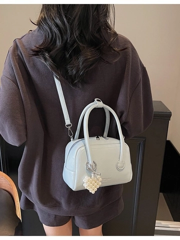 Women Fashion PU Leather Boston Pillow Bag With Heart Pearl Pendant Elegant Small Shoulder Crossbody Bag Casual Handbag