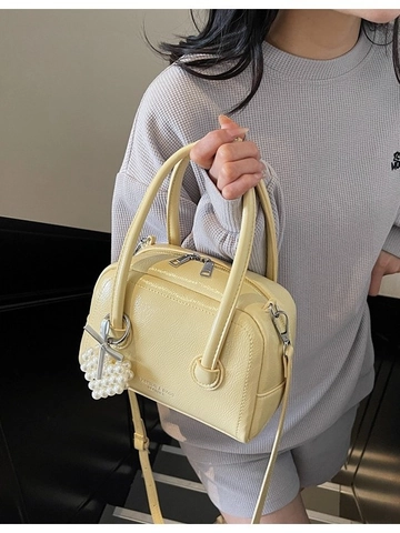 Women Fashion PU Leather Boston Pillow Bag With Heart Pearl Pendant Elegant Small Shoulder Crossbody Bag Casual Handbag
