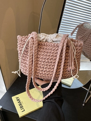 Damen Gewebte Beuteltasche Handgefertigte Strick Umhängetasche Mit Kordelzug Innenbeutel Quaste Urlaub Strandtasche Frischer Stil