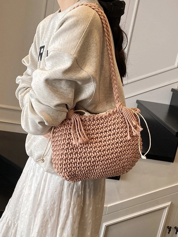 Damen Gewebte Beuteltasche Handgefertigte Strick Umhängetasche Mit Kordelzug Innenbeutel Quaste Urlaub Strandtasche Frischer Stil