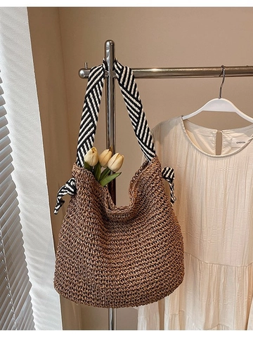 Women Hand Woven Straw Tote Bag With Colorful Ribbon Shoulder Strap Large Capacity Beach Vacation Summer Shoulder Bag