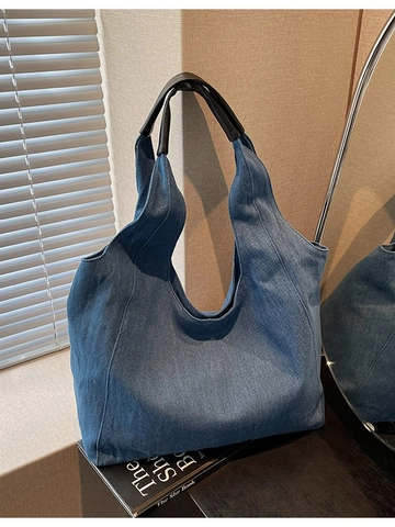 Large Capacity Denim Tote Bag With Contrast PU Leather Handle Washed Jeans Hobo Shoulder Bag For Women Students Daily Shopping