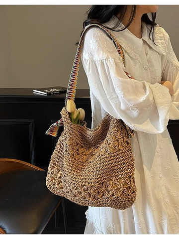 Women Hand Woven Straw Tote Bag With Colorful Ribbon Shoulder Strap Large Capacity Beach Vacation Summer Shoulder Bag