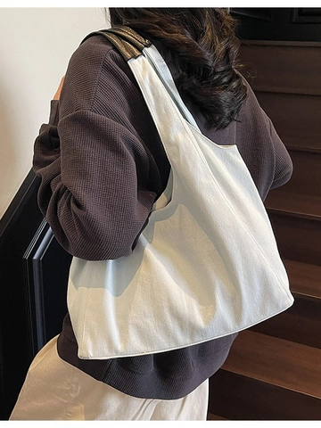 Large Capacity Denim Tote Bag With Contrast PU Leather Handle Washed Jeans Hobo Shoulder Bag For Women Students Daily Shopping