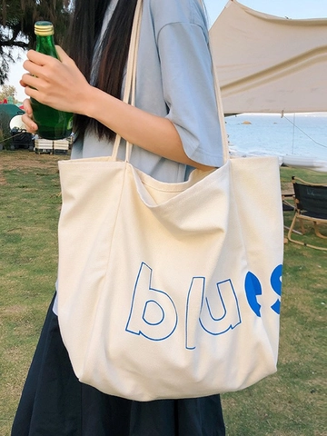 Sac Cabas en Toile pour Femmes Grande Capacité Imprimé Lettres Décontracté Sac à Épaule pour Trajet Quotidien Plage Shopping