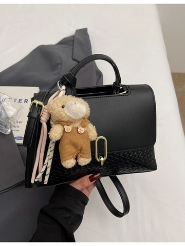 Damen Mode PU-Leder Umhängetasche Kleine Webstruktur Handtasche Mit Teddybär Anhänger Patchwork Schultertasche Für Den Alltag