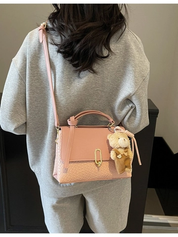 Damen Mode PU-Leder Umhängetasche Kleine Webstruktur Handtasche Mit Teddybär Anhänger Patchwork Schultertasche Für Den Alltag