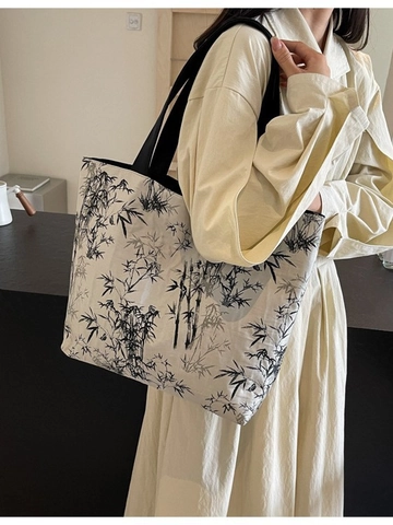 Women Large Capacity Canvas Tote Bag Chinese Ink Bamboo Print Handbag Casual Shoulder Bag Commuter Bag For Daily Shopping