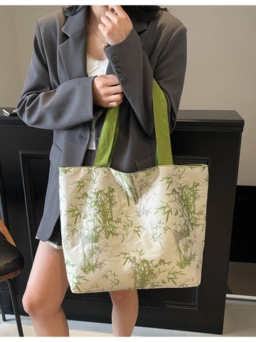Women Large Capacity Canvas Tote Bag Chinese Ink Bamboo Print Handbag Casual Shoulder Bag Commuter Bag For Daily Shopping