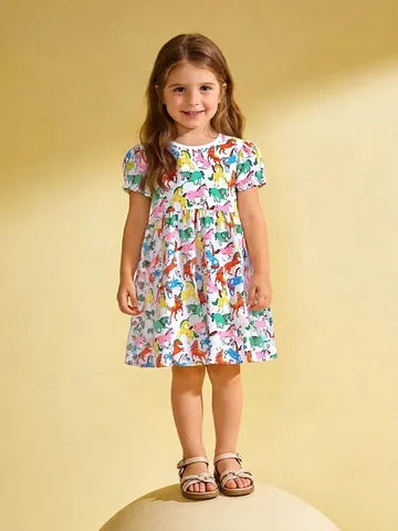 Vestito Estivo Da Bambina In Cotone A Maniche Corte Con Stampa Pony Colorati Girocollo Maniche A Sbuffo Per Feste