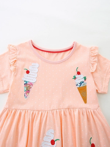 Vestido de Verano de Algodón para Niñas Estampado de Lunares Bordado de Helado Mangas Volantes Estilo Princesa