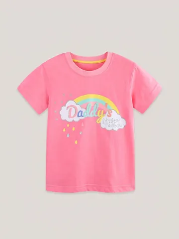 T-Shirt 100% Coton pour Fille Manches Courtes Décontracté Imprimé Arc-en-Ciel Nuage Col Rond Top d'Été pour Enfants