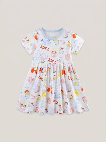 Abito Estivo a Maniche Corte in Cotone per Bambina con Stampe Colorate di Frutta e Gelati Vestito da Principessa