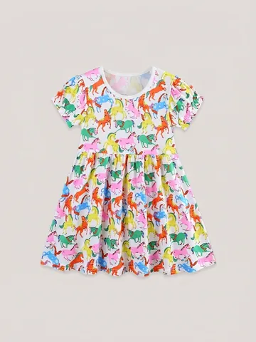 Vestito Estivo Da Bambina In Cotone A Maniche Corte Con Stampa Pony Colorati Girocollo Maniche A Sbuffo Per Feste
