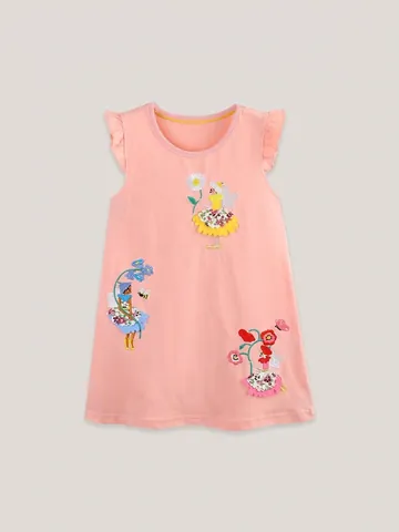Mädchen Sommer Rosa Ärmelloses Prinzessinnenkleid Baumwolle Strick Flutter Ärmel Blumen Fee Stickerei A-Linie Sonnenkleid