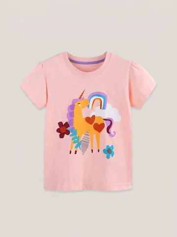 Meisjes Katoen Eenhoorn Print T-Shirt Europese Stijl Regenboog Grafisch Korte Mouw Ronde Hals Zomer Top Voor Kinderen