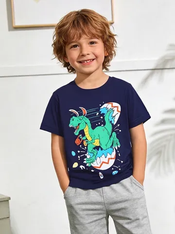 Boys Short Sleeve T-Shirt Cotton Cartoon Dinosaur Hatching Egg Print Summer Casual Crew Neck Top For Kids Boys Easter Gift