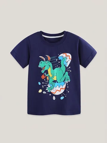 Boys Short Sleeve T-Shirt Cotton Cartoon Dinosaur Hatching Egg Print Summer Casual Crew Neck Top For Kids Boys Easter Gift