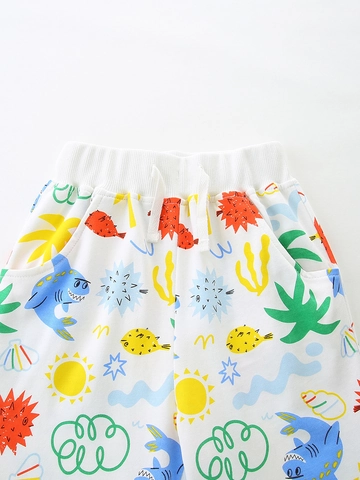 Boys Cotton Shorts Kids Summer Cartoon Ocean Shark Print Sporty Casual Shorts With Elastic Waistband Drawstring Pocket Shorts