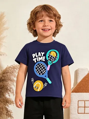 T-Shirt d'Été à Manches Courtes en 100% Coton pour Garçons Imprimé Tennis de Dessin Animé Play Time Col Rond Doux Top Sportif Décontracté Bleu Marine