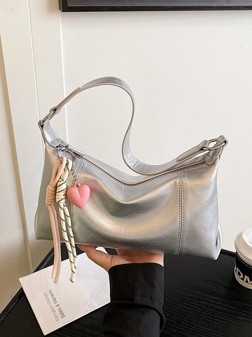Women Fashion Crinkled PU Leather Underarm Bag With Heart Pendant Braided Rope Stylish Crossbody Shoulder Bag Zipper Handbag