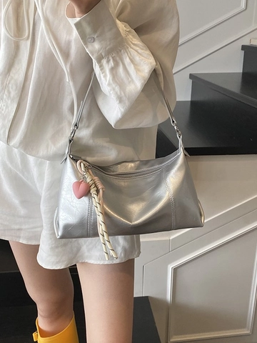 Women Fashion Crinkled PU Leather Underarm Bag With Heart Pendant Braided Rope Stylish Crossbody Shoulder Bag Zipper Handbag