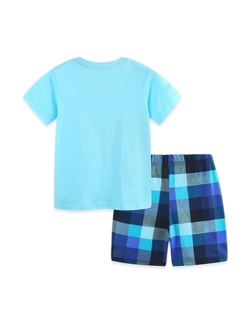 Boys Summer Clothing 100% Cotton Rhino Print Short Sleeve Top And Plaid Shorts Toddler Kids Fashion Casual Outfit