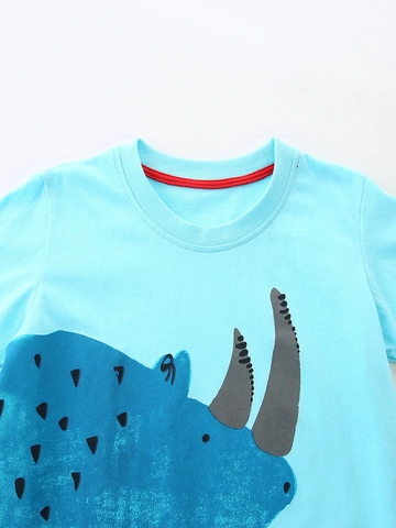Boys Summer Clothing 100% Cotton Rhino Print Short Sleeve Top And Plaid Shorts Toddler Kids Fashion Casual Outfit