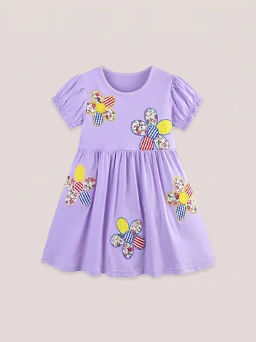 Girls Summer Lavender Cotton Short Sleeve Princess Dress Patchwork Flower Embroidery Cute Kids Party A-Line Dress