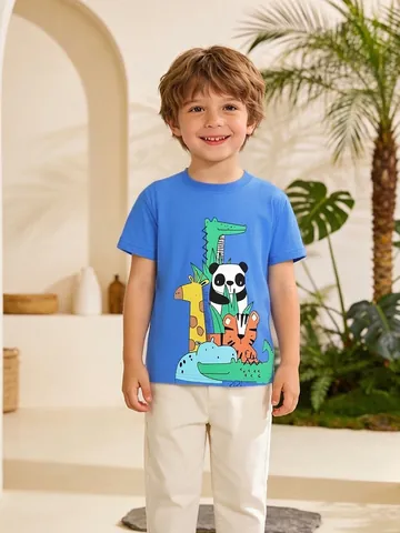 Jungen Kurzarm T-Shirt 100% Baumwolle Cartoon Tierdruck Rundhalsausschnitt Lässiges Sommer Oberteil Für Kinder