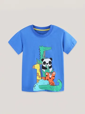 Jungen Kurzarm T-Shirt 100% Baumwolle Cartoon Tierdruck Rundhalsausschnitt Lässiges Sommer Oberteil Für Kinder
