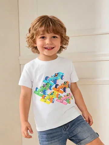 Kinder Jungen 100% Baumwolle Kurzarm T-Shirt Bunter Cartoon Rennwagen Druck Weiß Rundhals Sommer Täglich Casual Top