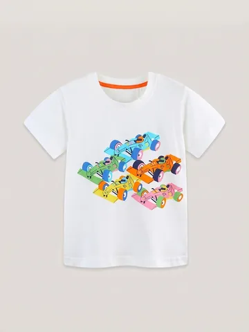 Kinder Jungen 100% Baumwolle Kurzarm T-Shirt Bunter Cartoon Rennwagen Druck Weiß Rundhals Sommer Täglich Casual Top