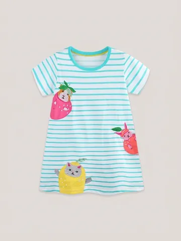 Girls Summer Cotton Striped Short Sleeve Dress With Cute Cartoon Animal Applique Embroidery Hamster Rabbit Cat Casual Princess Skirt