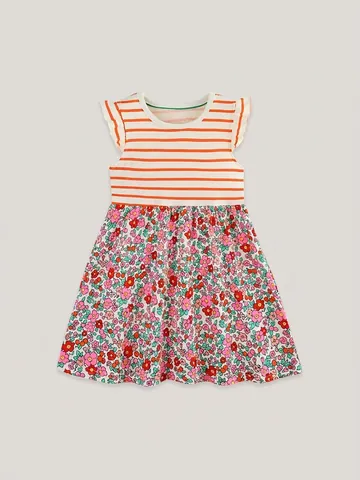 Robe d'été pour Filles Rayée Florale en Coton Tricoté Sans Manches avec Volants Jupe Princesse Décontractée pour Enfant