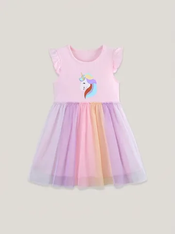 Mädchen Sommer Einhorn Regenbogen Netz Tutu Kleid Flatterärmel Baumwolle Prinzessin Kleid Für Party Alltag Kleidung