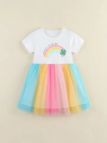 Girls Summer Rainbow Tulle Dress Cotton Round Neck Short Sleeve Princess Party Dress Multicolor Mesh Splicing Kids Clothing