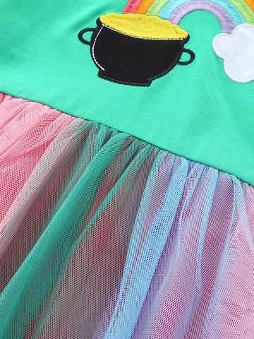 Girls Rainbow Embroidery Cotton Dress Short Sleeve Mesh Tulle Princess Dress For St Patrick's Day Party Summer Holiday
