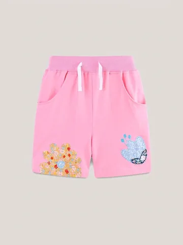 Girls Casual Cotton Athletic Shorts Pink Floral Embroidery Elastic Waist Drawstring Summer Beach Shorts For Toddler Kids 2-7Y