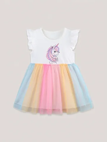 Vestito da Principessa Estivo per Bambine Unicorno Arcobaleno in Mesh Cotone con Maniche a Volant Patchwork Tutu per Feste