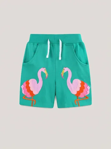 Mädchen Baumwolle Lässige Shorts Flamingo Stickerei Elastischer Bund Kordelzug Sportliche Sommershorts Für Kleinkinder Kinder