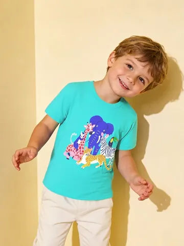 Boys Cotton Short Sleeve T-Shirt With Glow In The Dark Cartoon Animal Print Round Neck Casual Summer Top For Small Kids