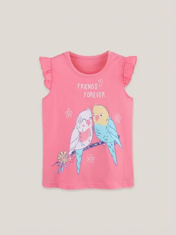 Girls Cotton Sleeveless T-Shirt With Ruffle Fly Sleeve Pullover Top Cartoon Parrot Bird Pattern Printed Summer Kids Clothing