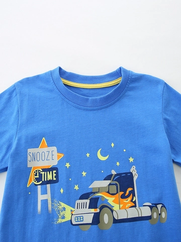 Boys Summer Cotton Clothing Set Cartoon Truck Print Short Sleeve T-Shirt And Striped Shorts Casual Kids Outfit