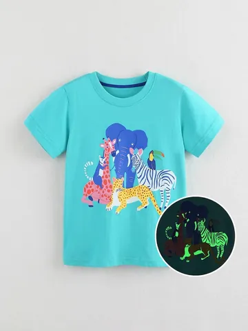 Boys Cotton Short Sleeve T-Shirt With Glow In The Dark Cartoon Animal Print Round Neck Casual Summer Top For Small Kids
