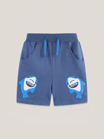 Boys Summer Cotton Shorts Shark Embroidery Casual Sporty Elastic Drawstring Waist Kids Leisure 5 Point Pants Bottoms